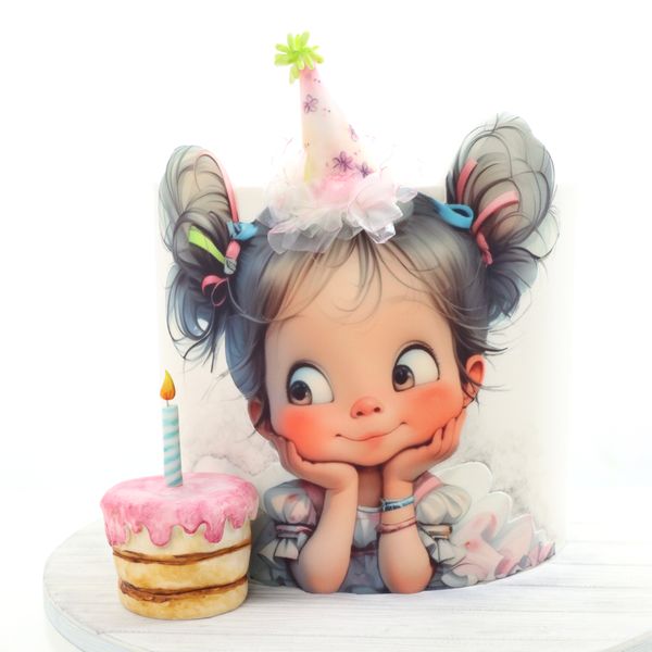 עוגת יום הולדת ילדה עם עוגה מעוצבת בבצק סוכר